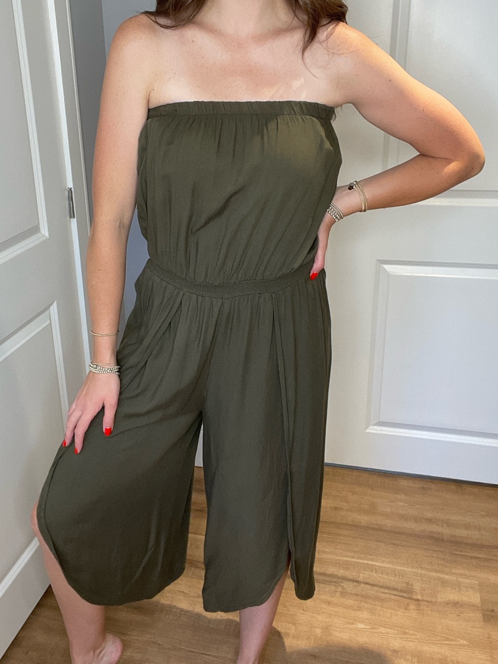 Tropik Strapless Olive Green Wide-Leg Cropped Jumpsuit